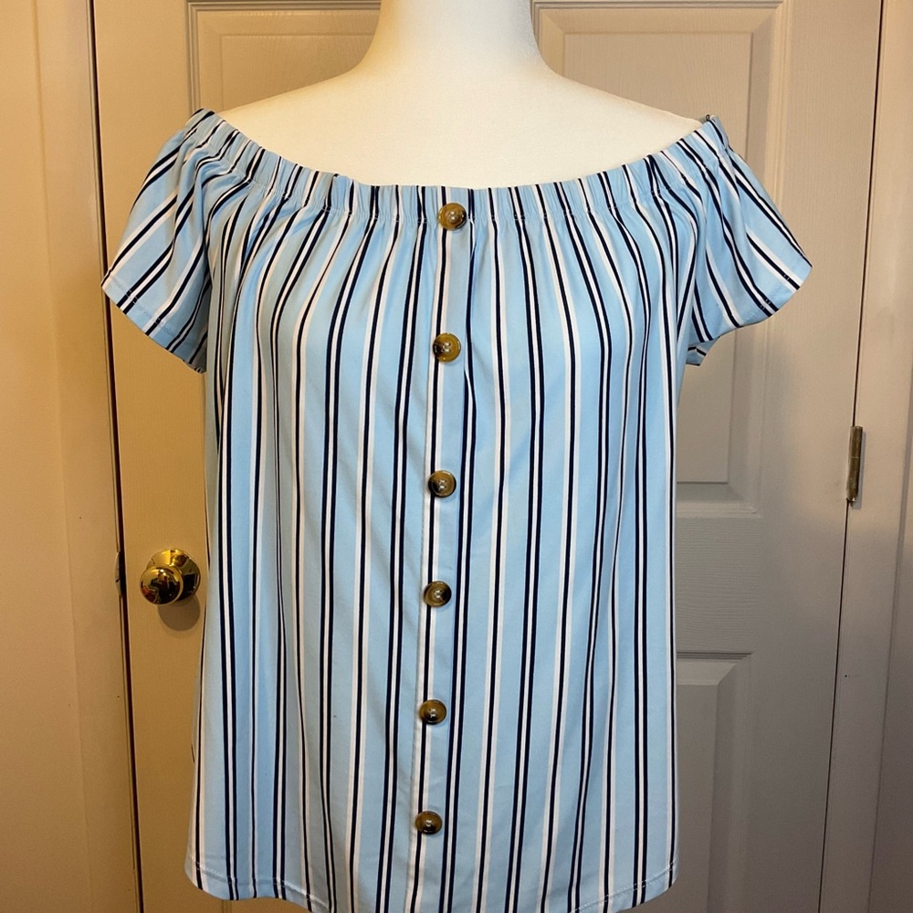Striped Off-Shoulder Button-Down Top